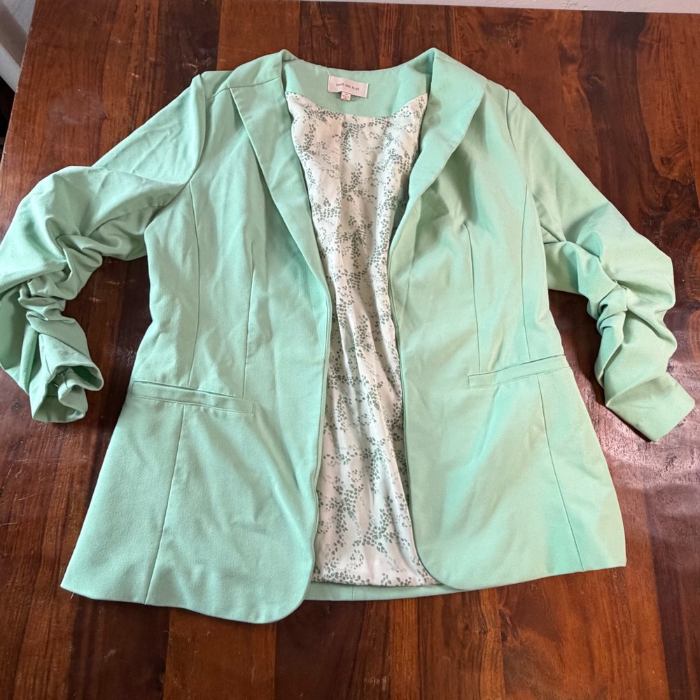Skies Are Blue Mint Green Ruched Sleeve Open Front Blazer Jacket Medium 21406